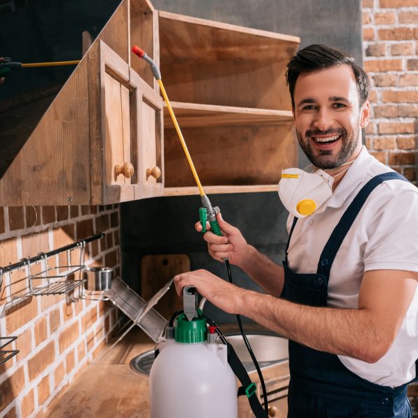 smiling pest control worker spraying pesticides on shelves in kitchen smiling pest control worker spraying pesticides on shelves in kitchen